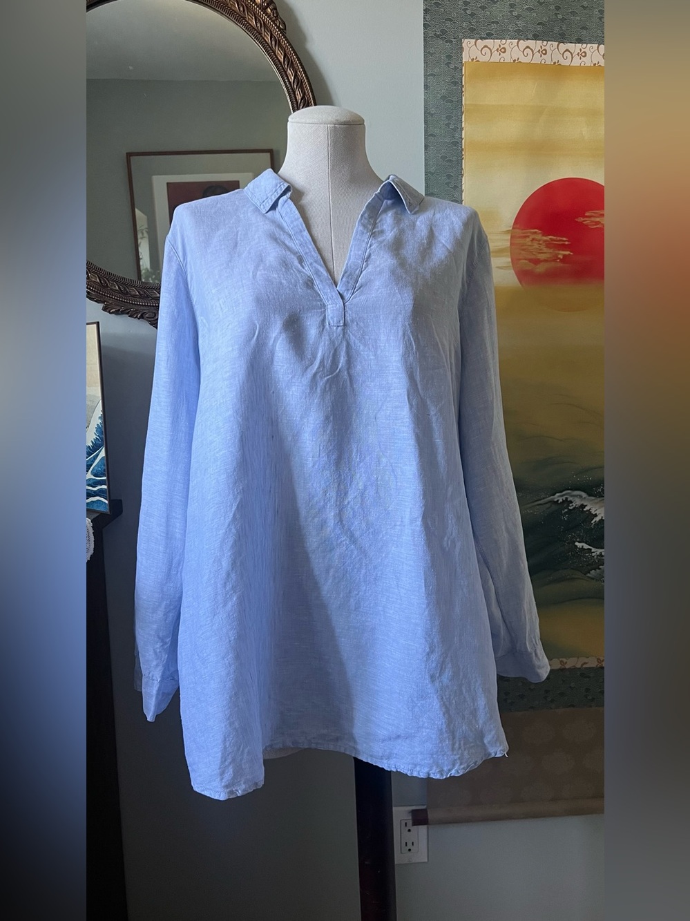 Tahari linen Blue Women's Linen V-Neck Tunic Top